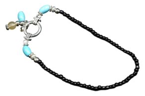 CHAINE DE CHEVILLES argentée perles noire et turquoise